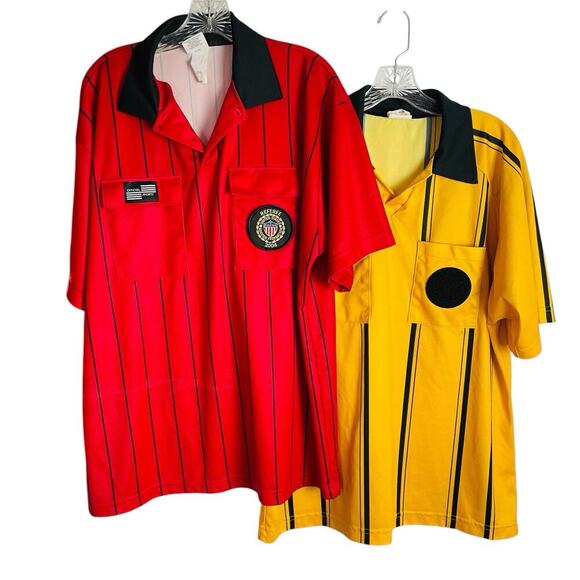 Official Sports Soccer Referee Jerseys (2) Size L Red Yellow Stripe 2004 Patch - Picture 1 of 13